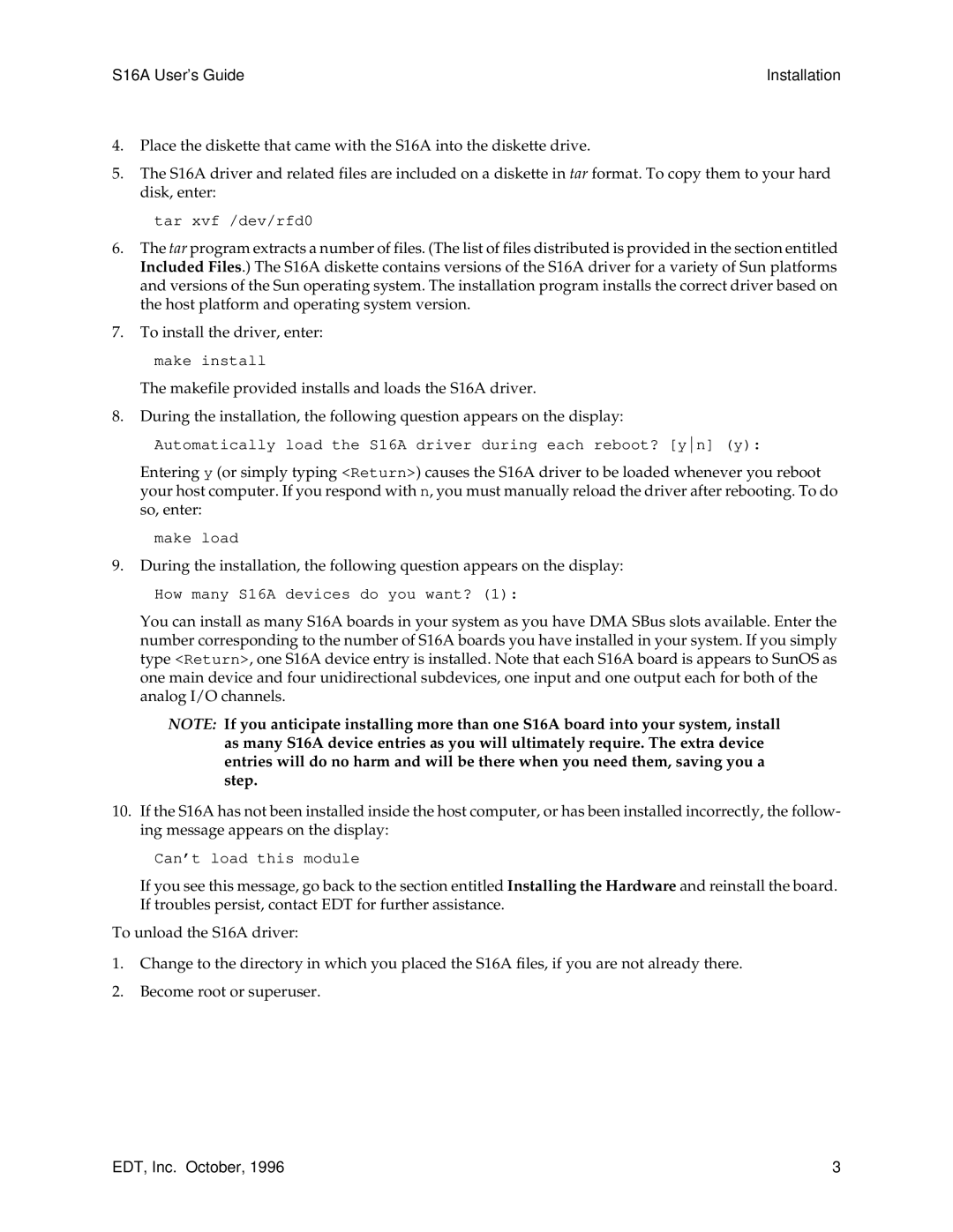 Sun Microsystems manual S16A User’s Guide Installation 