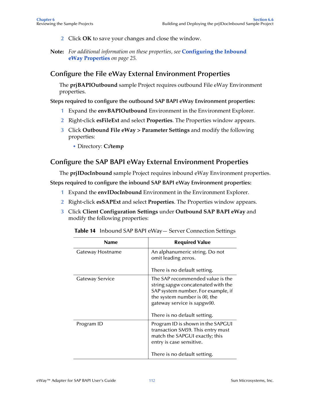 Sun Microsystems SAP BAPI manual Inbound SAP Bapi eWay- Server Connection Settings 