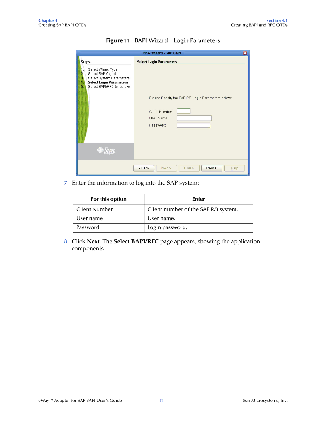 Sun Microsystems SAP BAPI manual Bapi Wizard-Login Parameters 