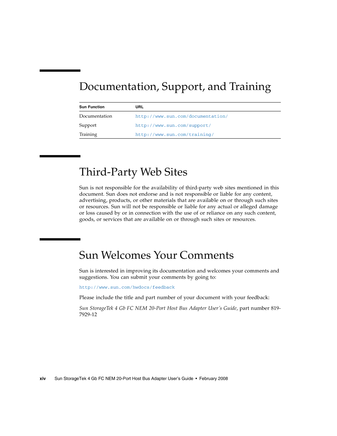 Sun Microsystems SG-XPCIE20FC-NEM-Z manual Documentation, Support, and Training, Third-Party Web Sites 