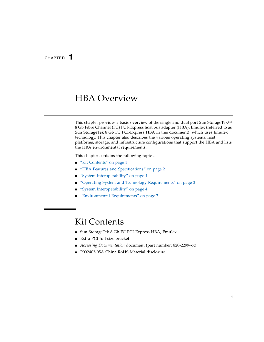 Sun Microsystems SG-XPCIE1FC-EM8-Z, SG-XPCIE2FC-EM8-Z manual HBA Overview, Kit Contents 