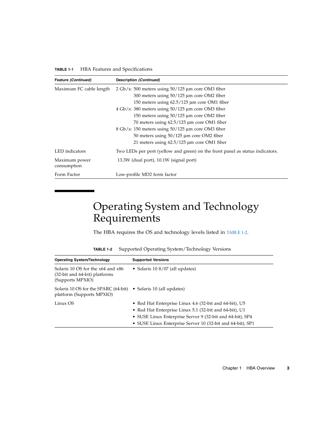 Sun Microsystems SG-XPCIE1FC-EM8-Z, SG-XPCIE2FC-EM8-Z manual Operating System and Technology Requirements 