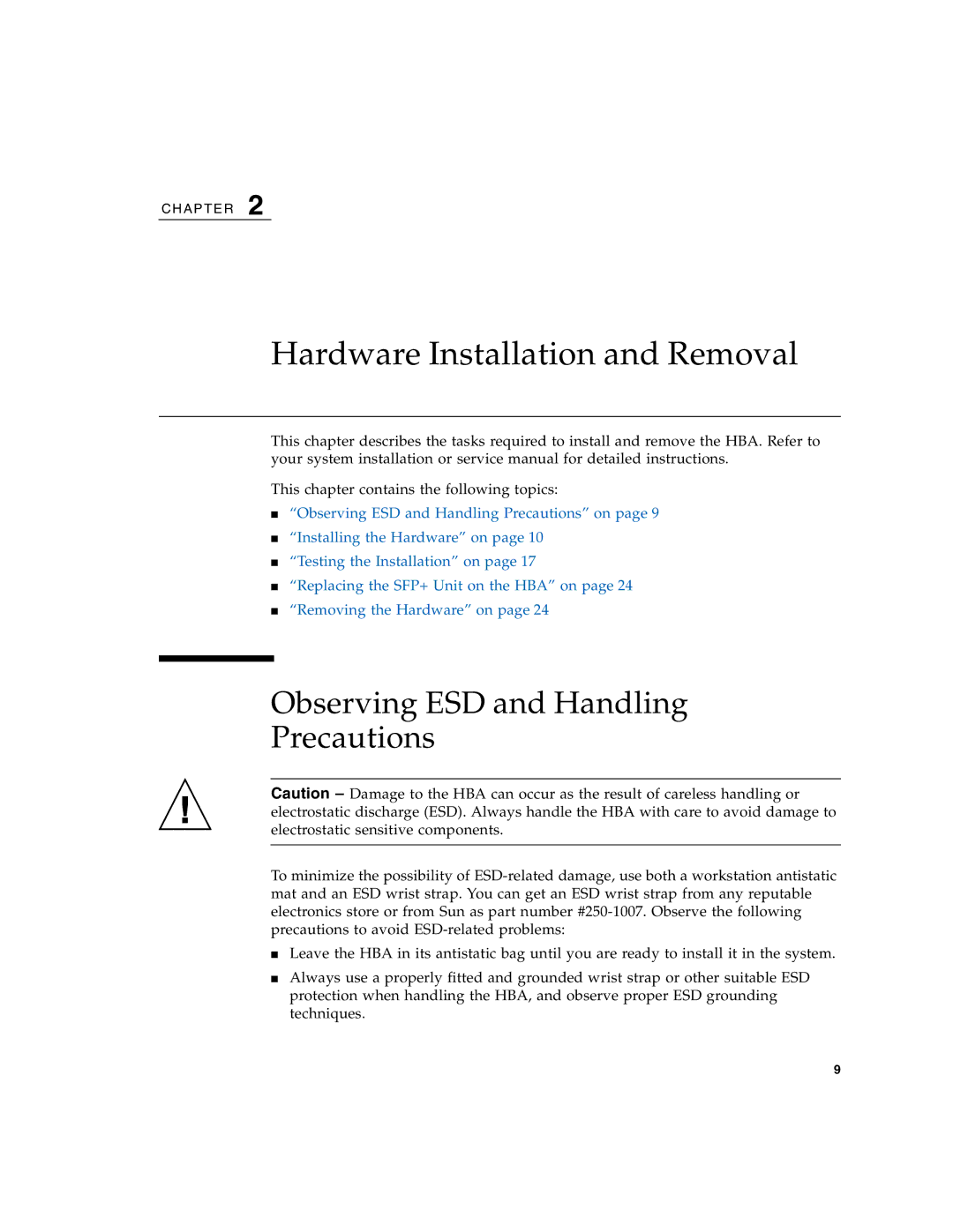 Sun Microsystems SG-XPCIE1FC-EM8-Z manual Hardware Installation and Removal, Observing ESD and Handling Precautions 