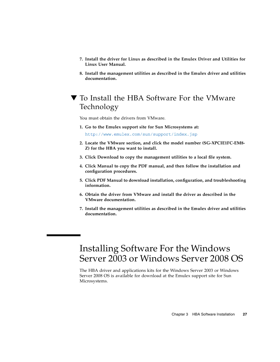 Sun Microsystems SG-XPCIE1FC-EM8-Z, SG-XPCIE2FC-EM8-Z manual To Install the HBA Software For the VMware Technology 