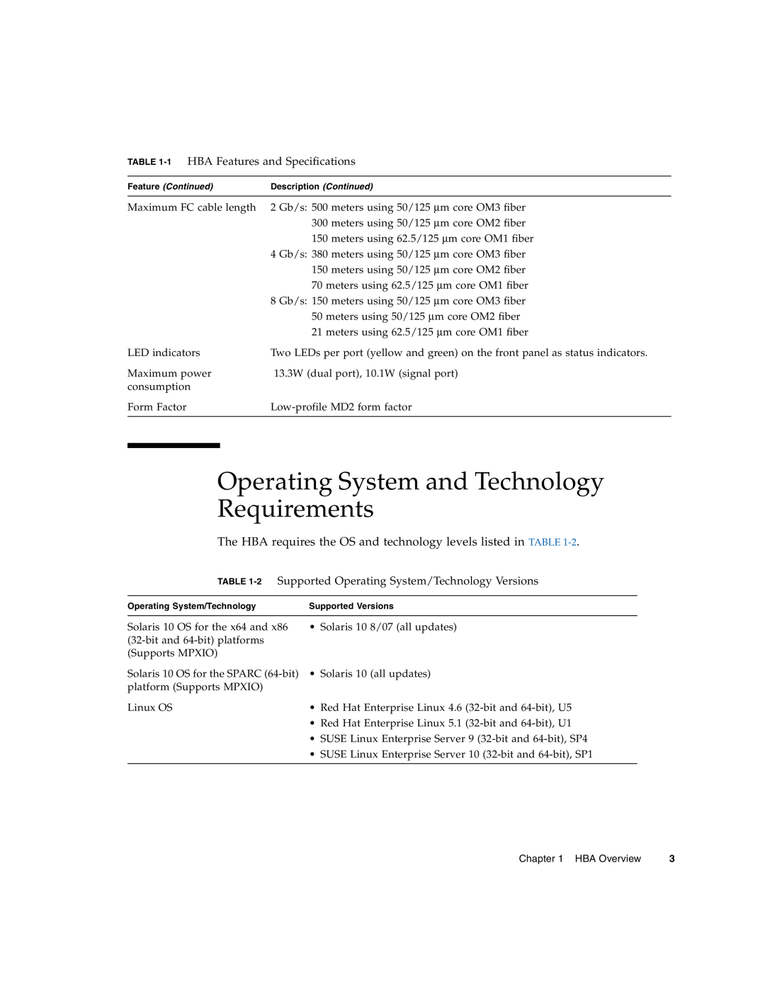 Sun Microsystems SG-XPCIE1FC-EM8-Z manual Operating System and Technology Requirements, 1 HBA Features and Specifications 
