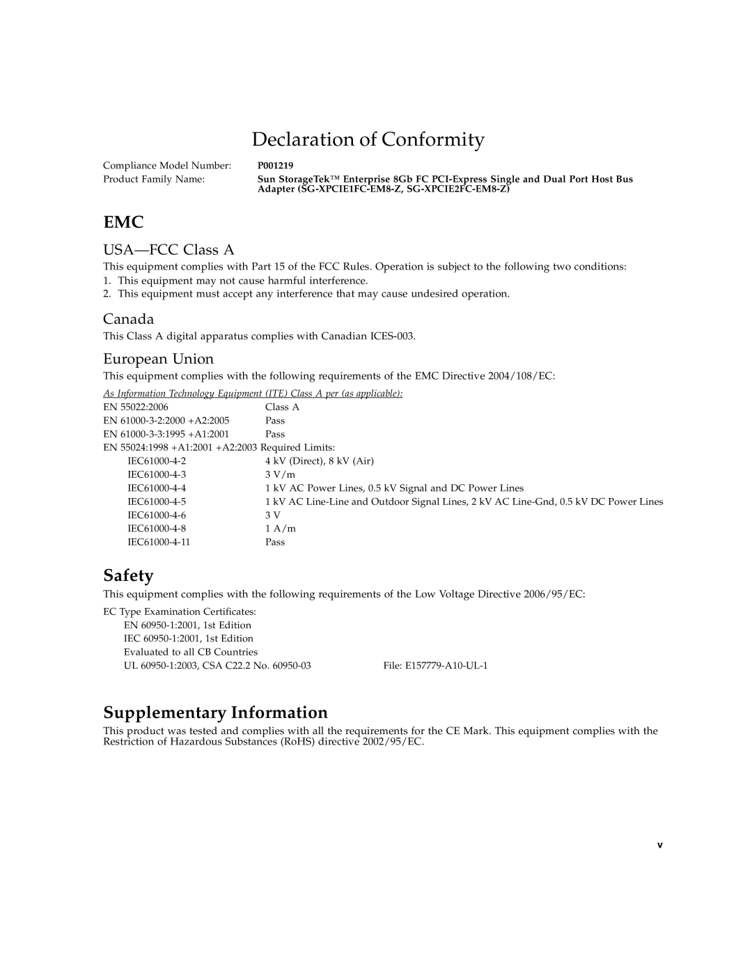 Sun Microsystems SG-XPCIE1FC-EM8-Z Declaration of Conformity, Safety, Supplementary Information, USA-FCC Class A, Canada 