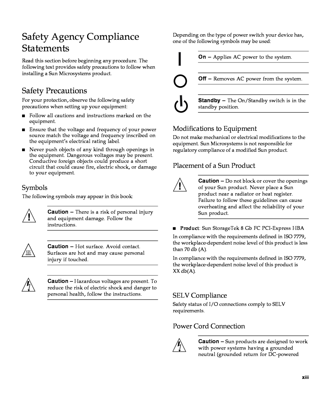 Sun Microsystems SG-XPCIE1FC-QF8-Z Safety Agency Compliance Statements, Safety Precautions, Symbols, SELV Compliance, xiii 