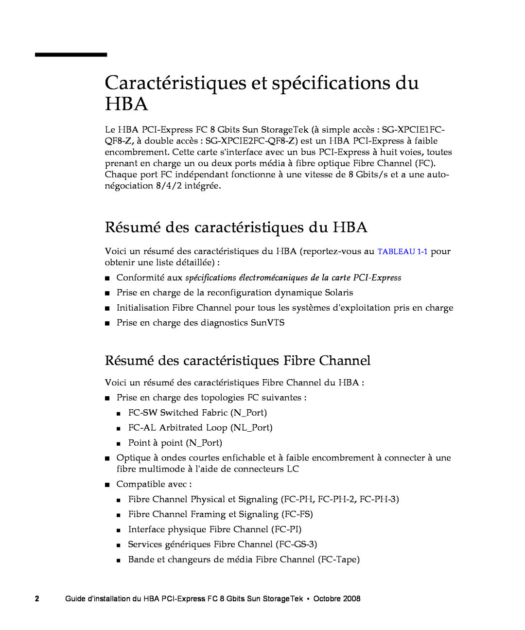 Sun Microsystems SG-XPCIE2FC-QF8-Z manual Caractéristiques et spécifications du HBA, Résumé des caractéristiques du HBA 