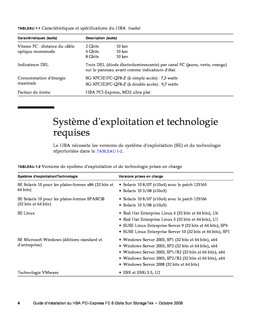 Sun Microsystems SG-XPCIE2FC-QF8-Z, SG-XPCIE1FC-QF8-Z manual Système dexploitation et technologie requises 