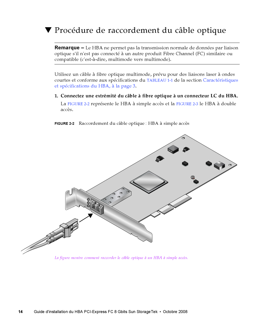 Sun Microsystems SG-XPCIE2FC-QF8-Z manual Procédure de raccordement du câble optique, et spécifications du HBA, à la page 