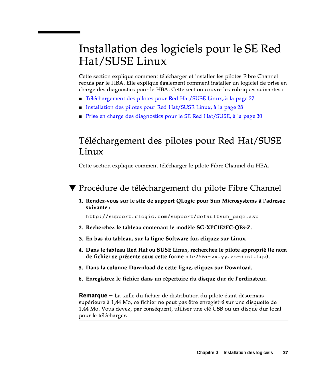 Sun Microsystems SG-XPCIE1FC-QF8-Z, SG-XPCIE2FC-QF8-Z manual Installation des logiciels pour le SE Red Hat/SUSE Linux 