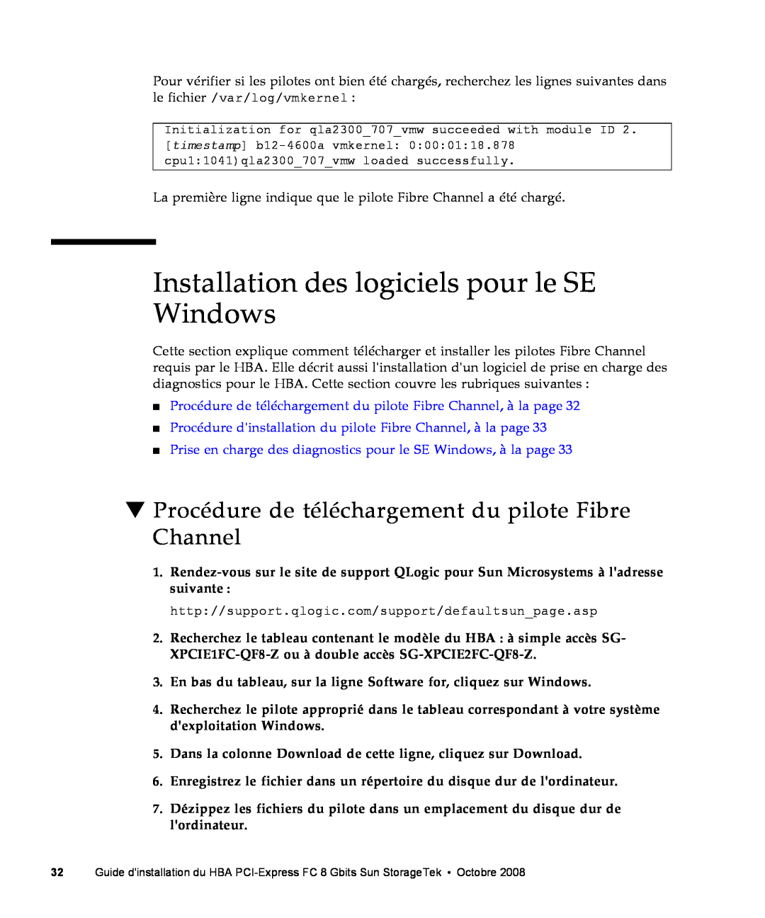 Sun Microsystems SG-XPCIE2FC-QF8-Z, SG-XPCIE1FC-QF8-Z manual Installation des logiciels pour le SE Windows 