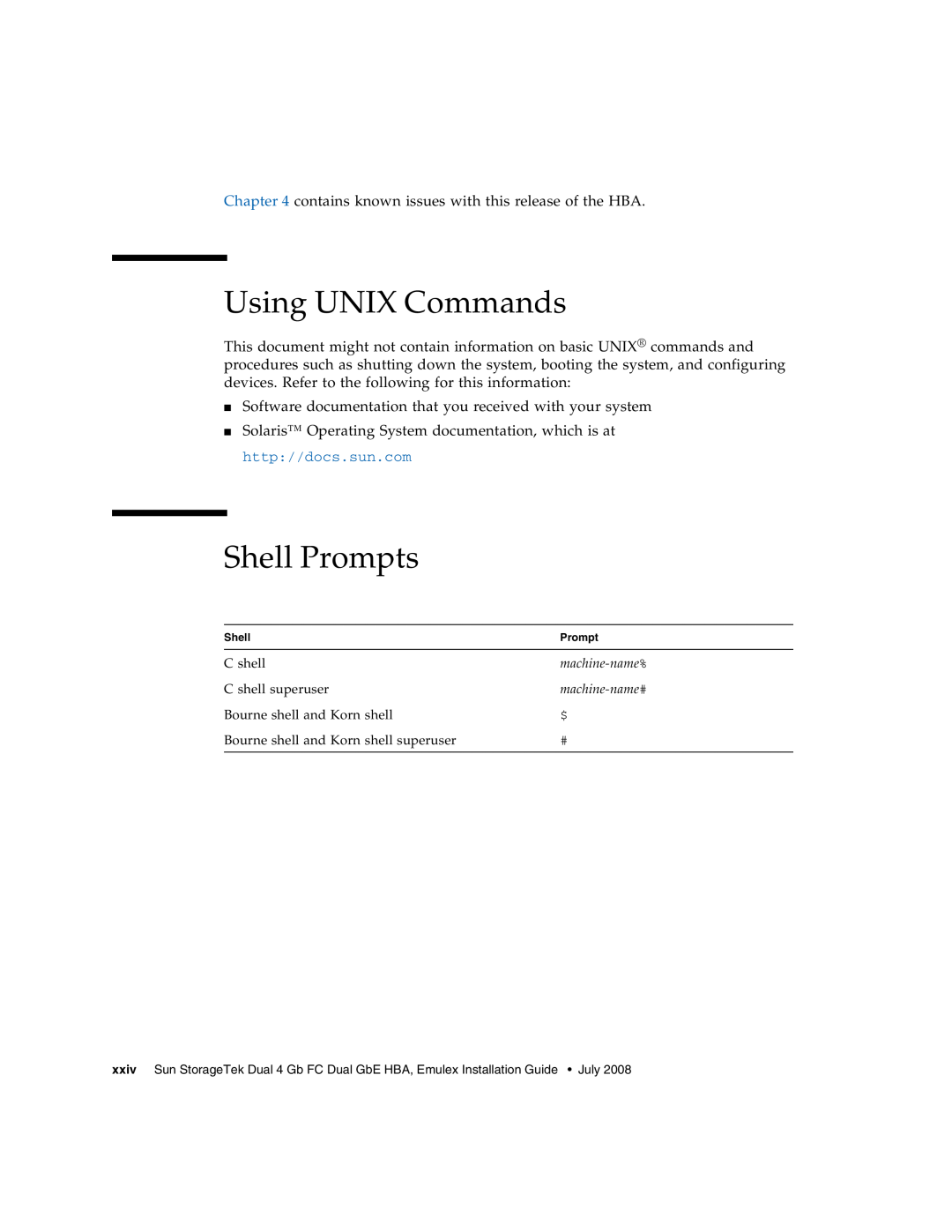 Sun Microsystems SG-XPCIE2FCGBE-E-Z manual Using UNIX Commands, Shell Prompts 