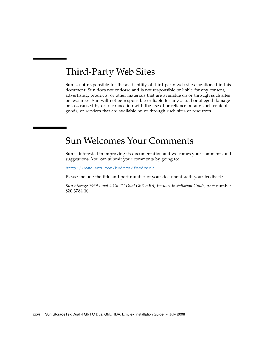 Sun Microsystems SG-XPCIE2FCGBE-E-Z manual Third-Party Web Sites, Sun Welcomes Your Comments 