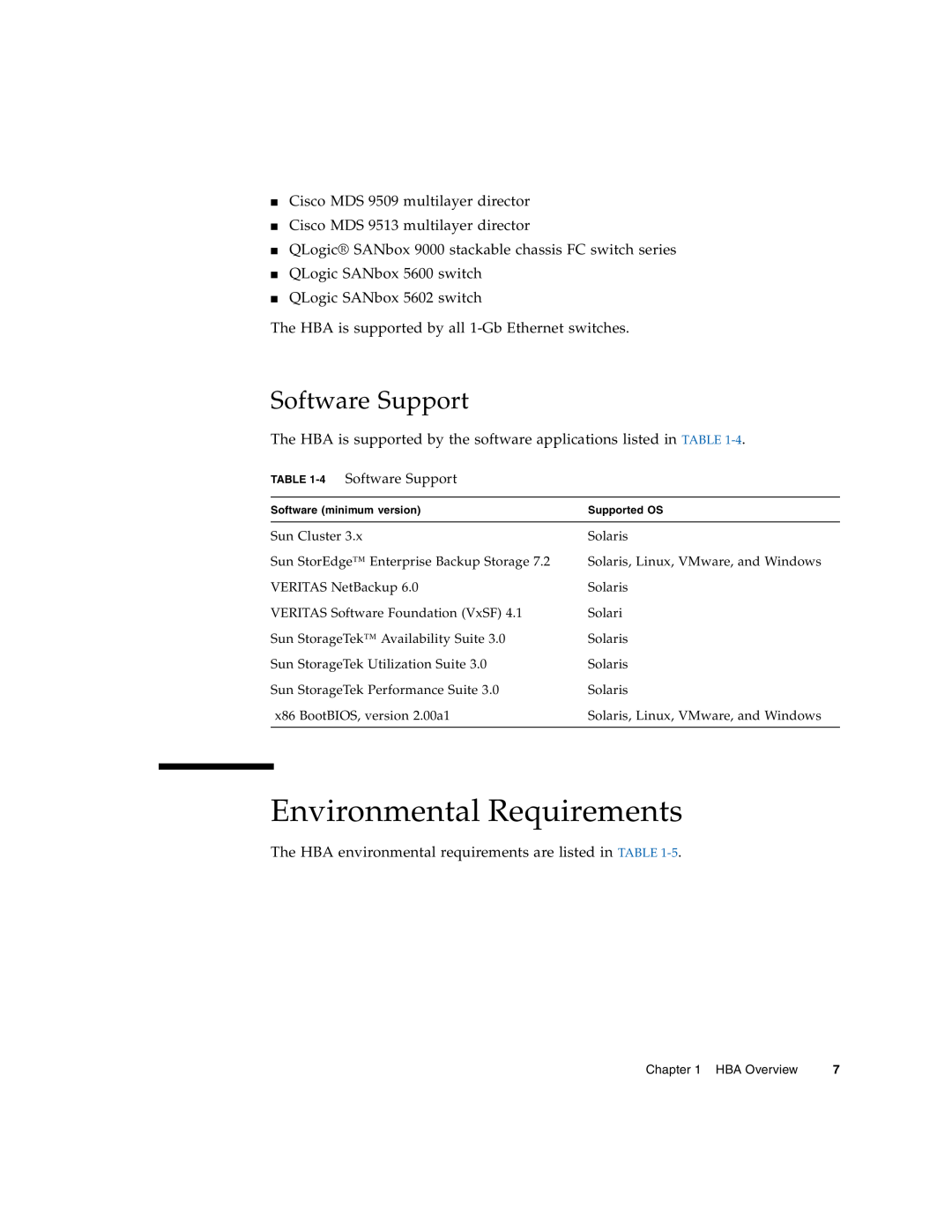 Sun Microsystems SG-XPCIE2FCGBE-E-Z manual Environmental Requirements, Software Support 