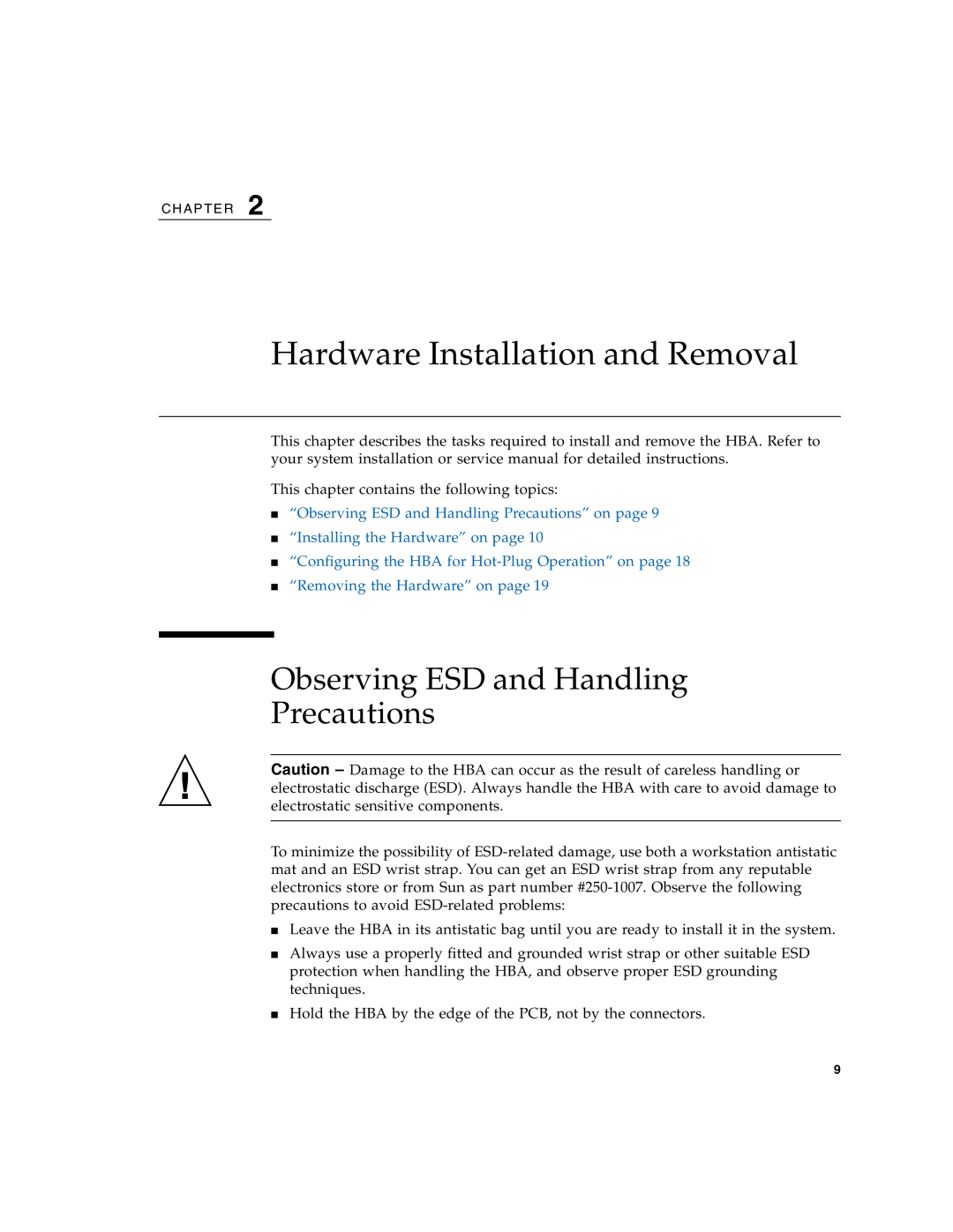 Sun Microsystems SG-XPCIE2FCGBE-E-Z manual Hardware Installation and Removal, Observing ESD and Handling Precautions 