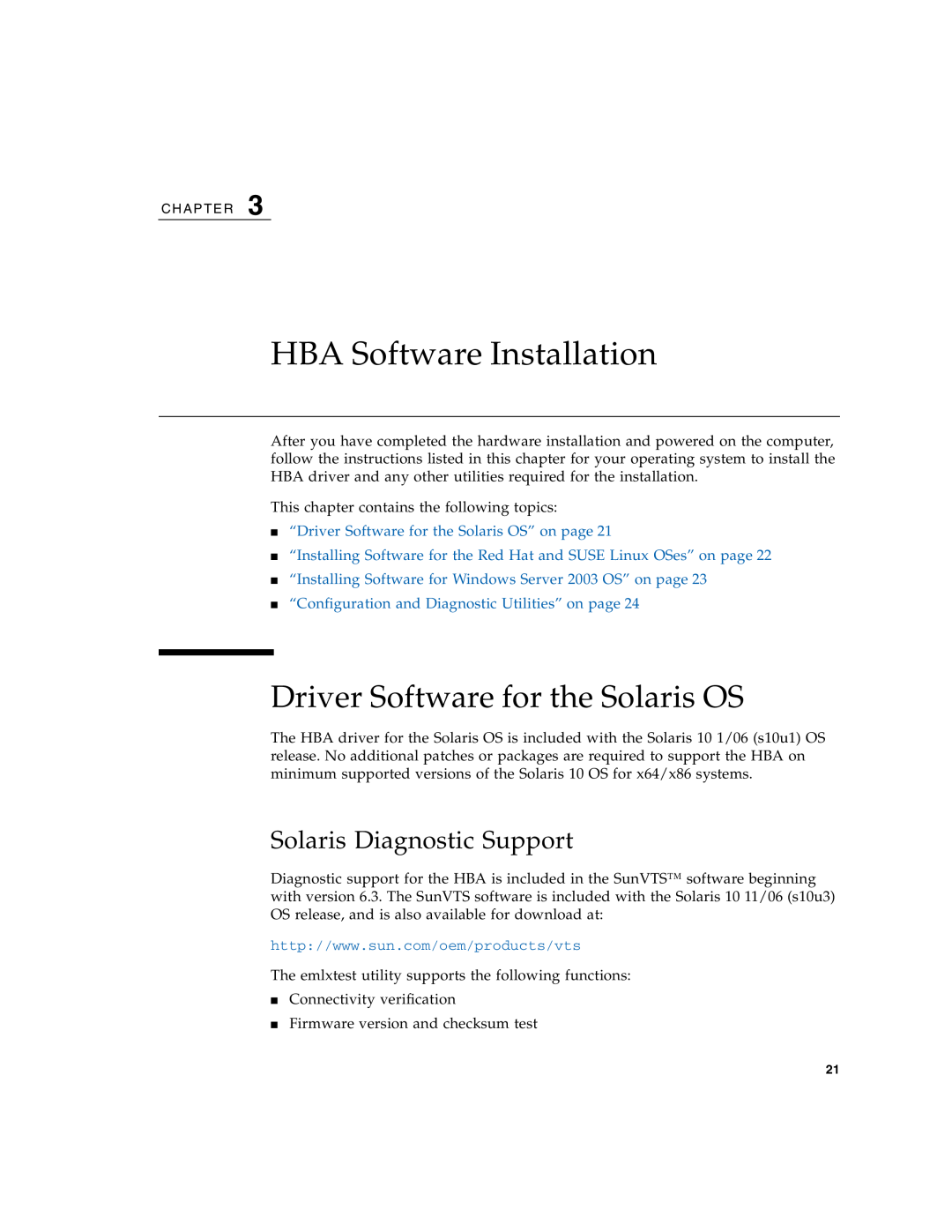 Sun Microsystems SG-XPCIE2FCGBE-E-Z manual HBA Software Installation, Driver Software for the Solaris OS 