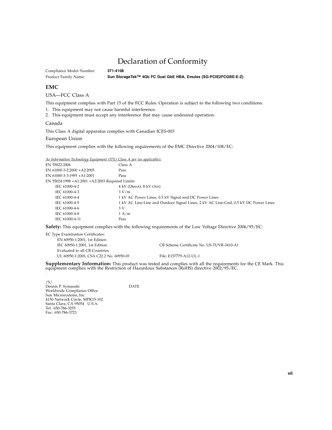 Sun Microsystems SG-XPCIE2FCGBE-E-Z manual Declaration of Conformity, USA-FCC Class A, Canada, European Union 