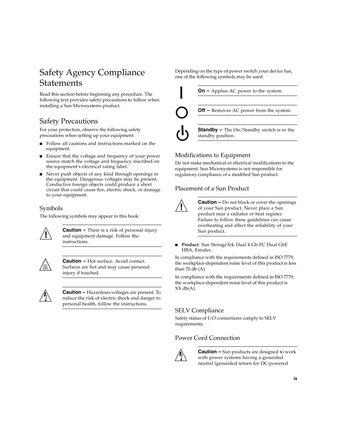 Sun Microsystems SG-XPCIE2FCGBE-E-Z Safety Agency Compliance Statements, Safety Precautions, Symbols, SELV Compliance 