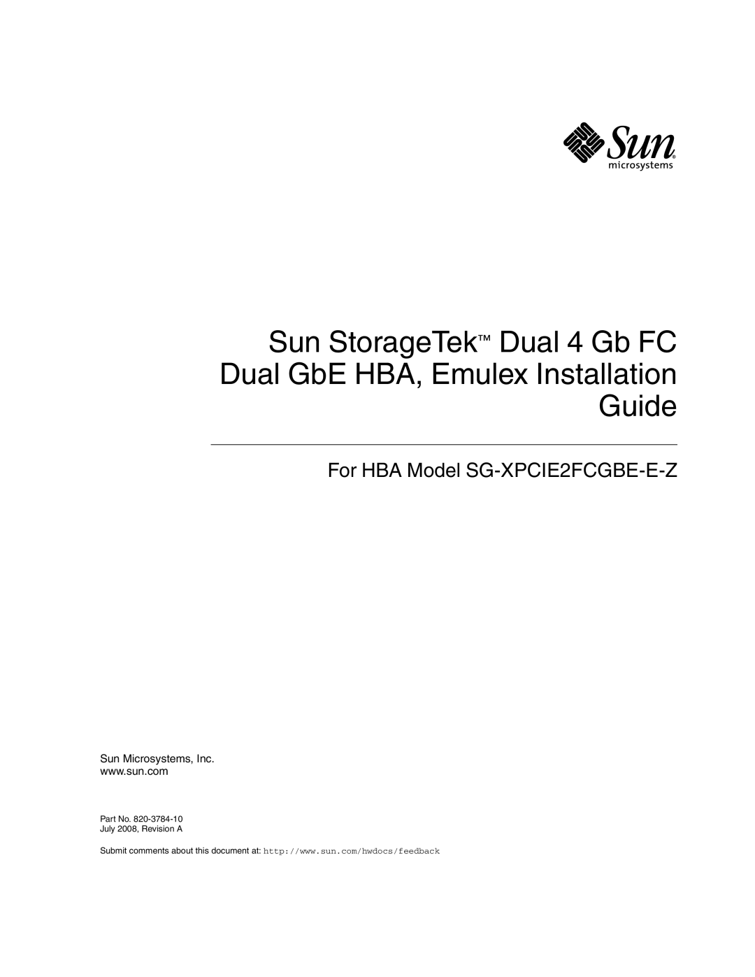 Sun Microsystems manual For HBA Model SG-XPCIE2FCGBE-E-Z 