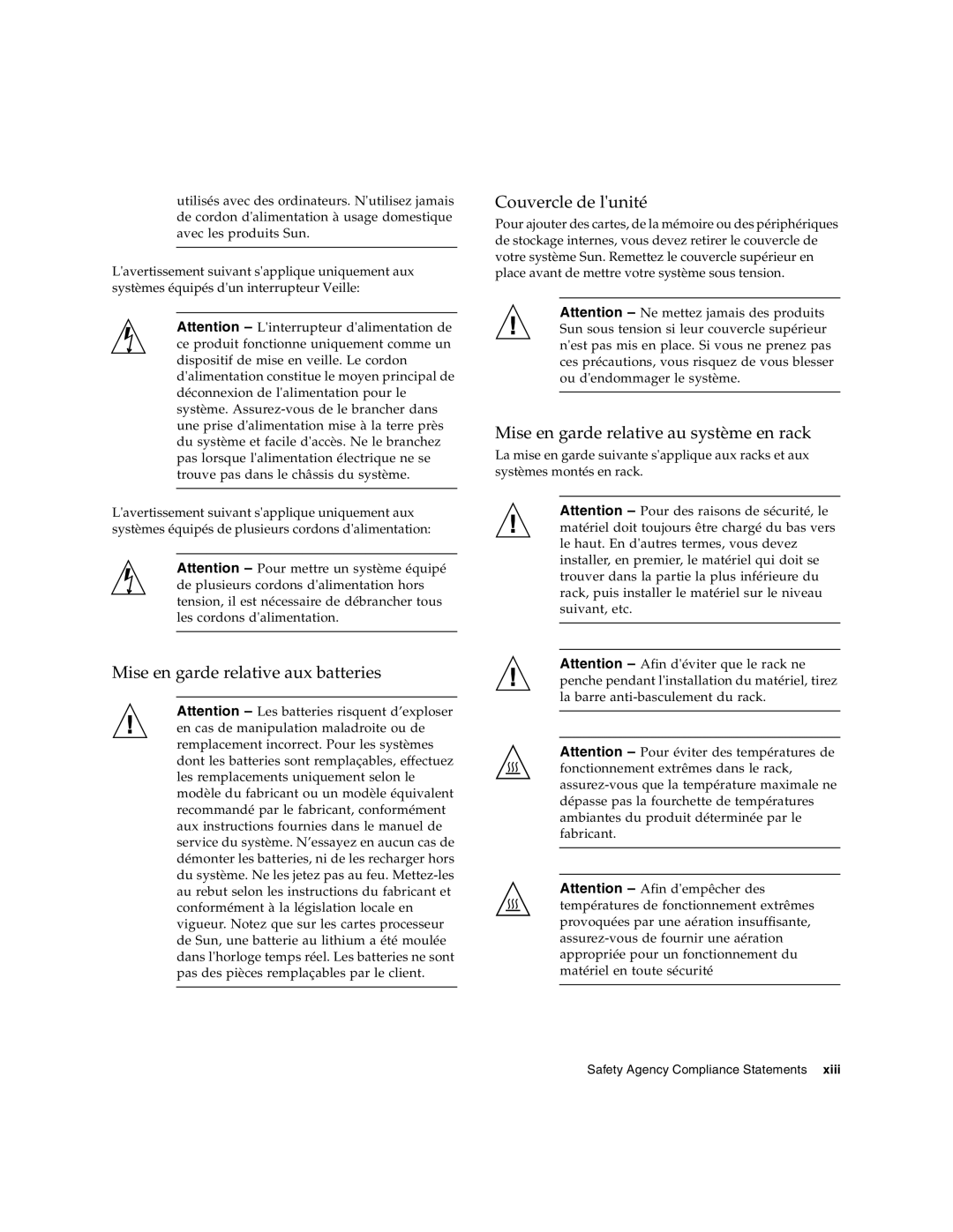 Sun Microsystems SG-XPCIE2FCGBE-E-Z manual Mise en garde relative aux batteries Couvercle de lunité 