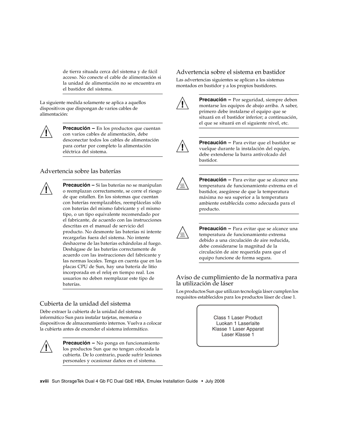 Sun Microsystems SG-XPCIE2FCGBE-E-Z manual Advertencia sobre las baterías, Cubierta de la unidad del sistema 