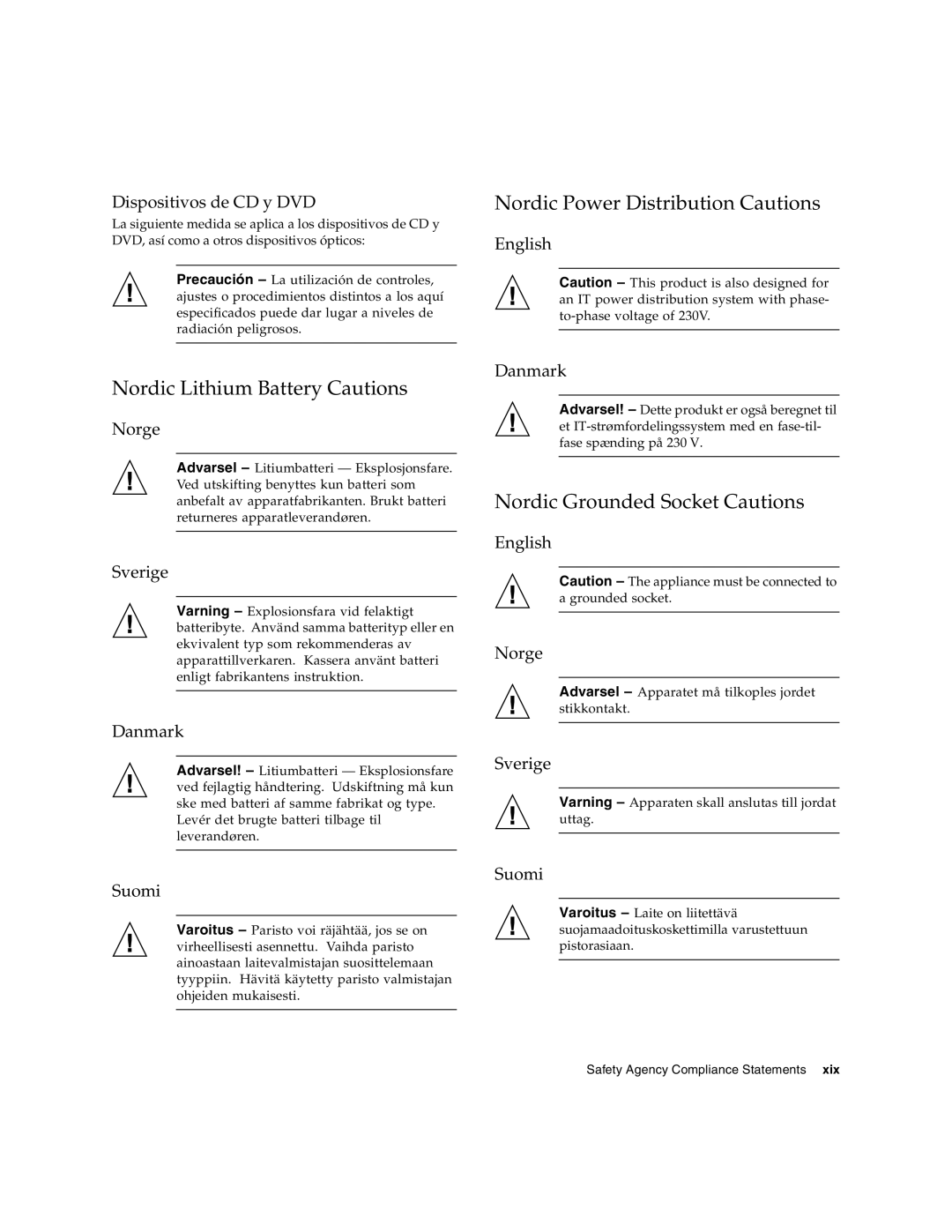 Sun Microsystems SG-XPCIE2FCGBE-E-Z manual Nordic Power Distribution Cautions, Nordic Lithium Battery Cautions 