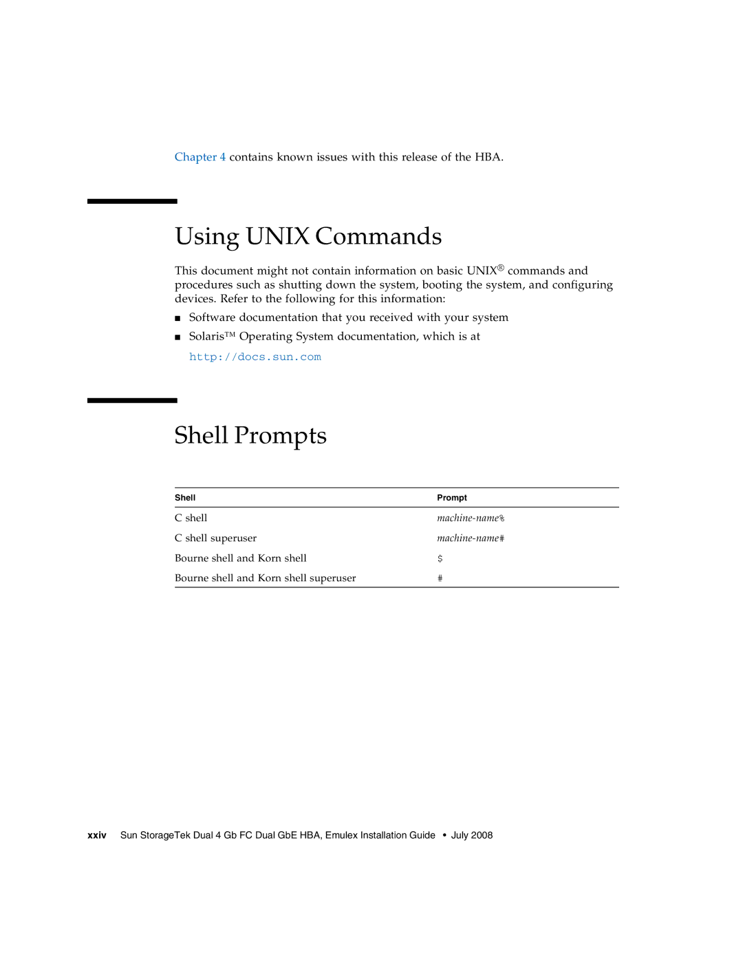 Sun Microsystems SG-XPCIE2FCGBE-E-Z manual Using Unix Commands, Shell Prompts 