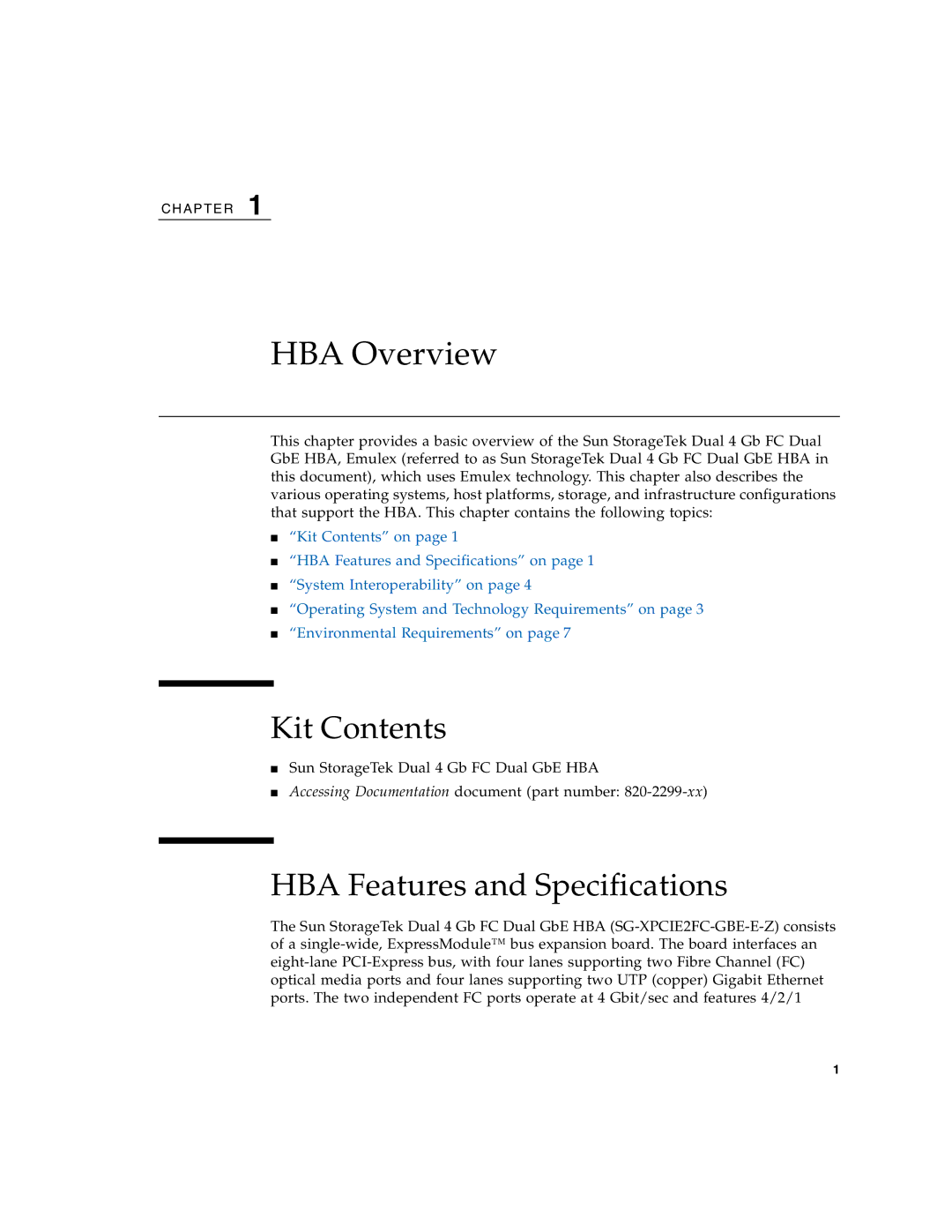 Sun Microsystems SG-XPCIE2FCGBE-E-Z manual Kit Contents, HBA Features and Specifications 