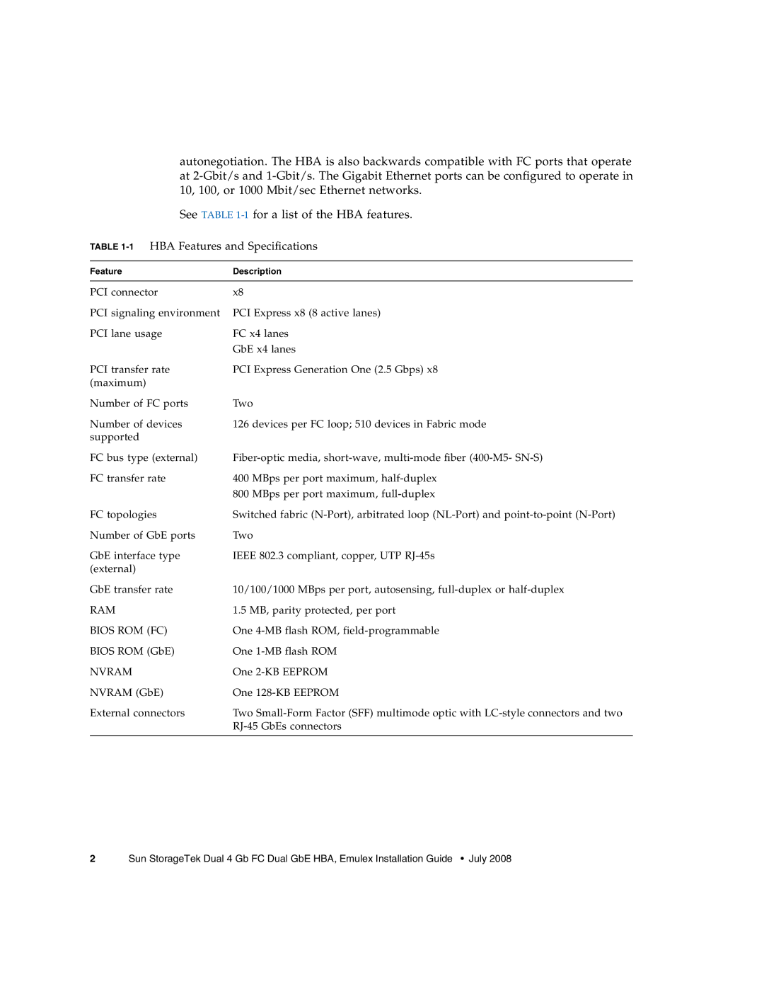 Sun Microsystems SG-XPCIE2FCGBE-E-Z manual 1HBA Features and Specifications, Nvram 