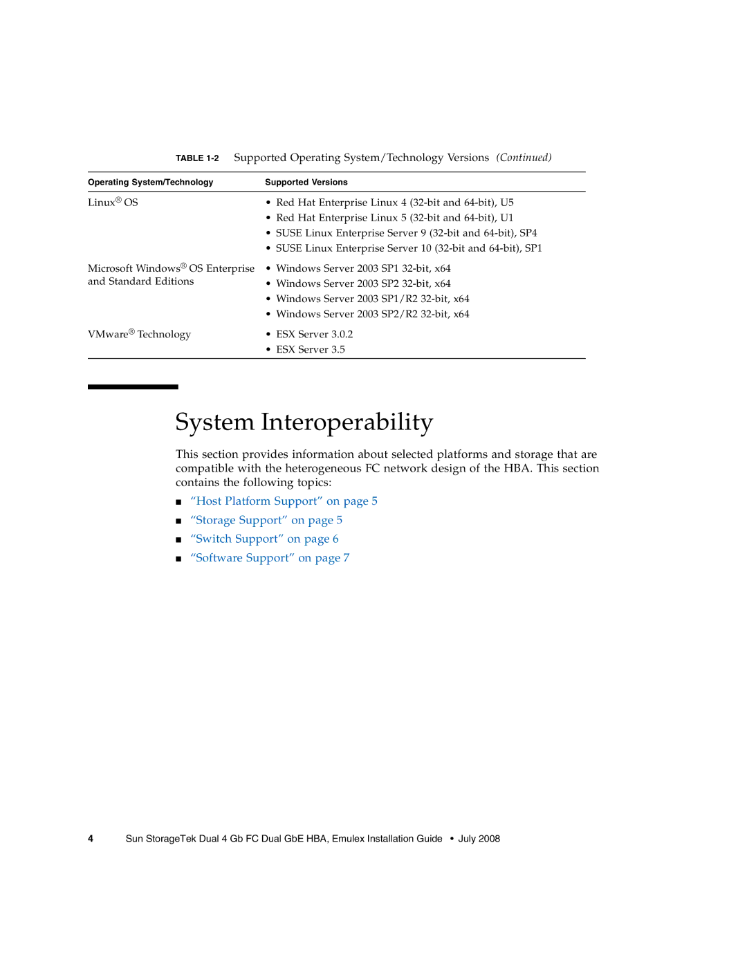 Sun Microsystems SG-XPCIE2FCGBE-E-Z manual System Interoperability, Supported Operating System/Technology Versions 