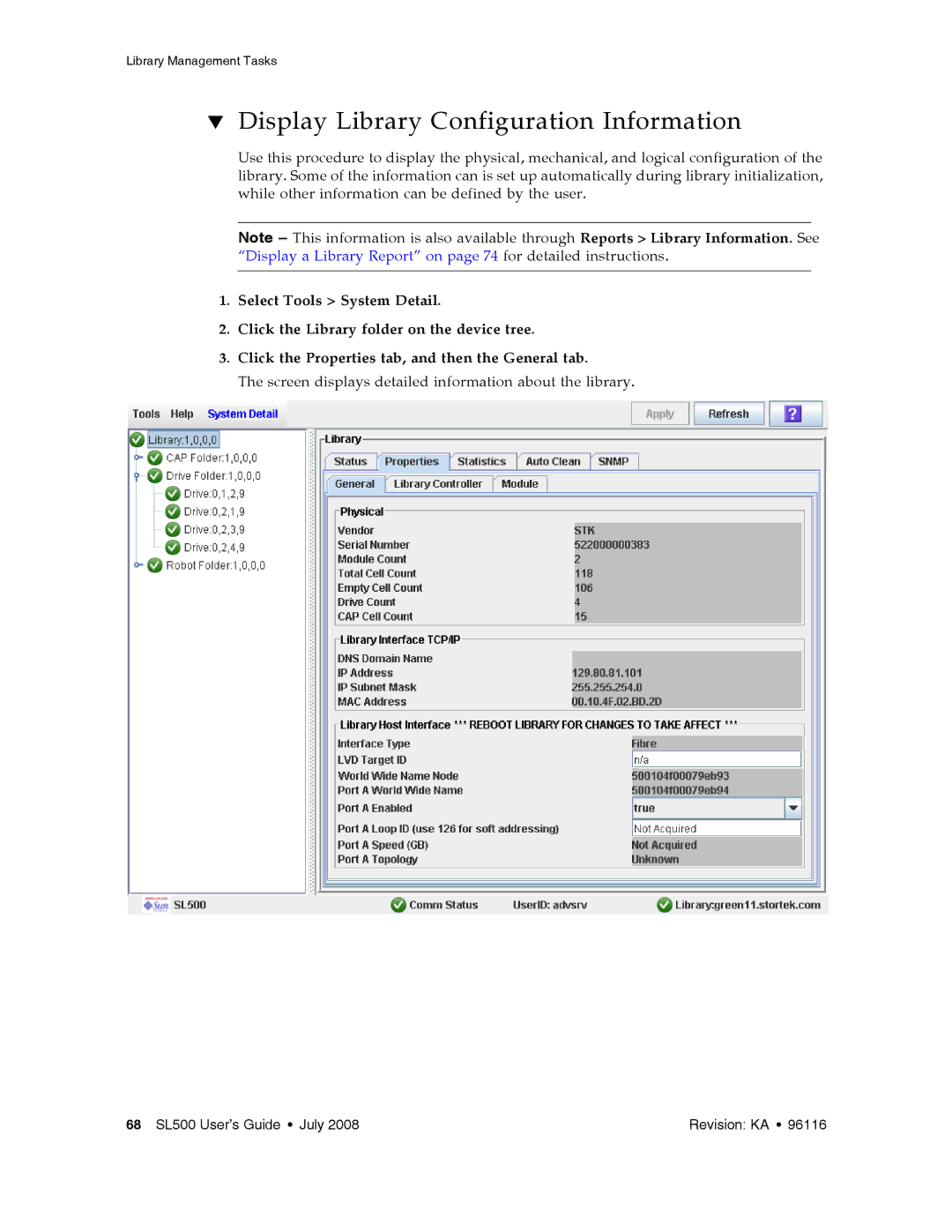 Sun Microsystems SL500 manual Display Library Configuration Information 