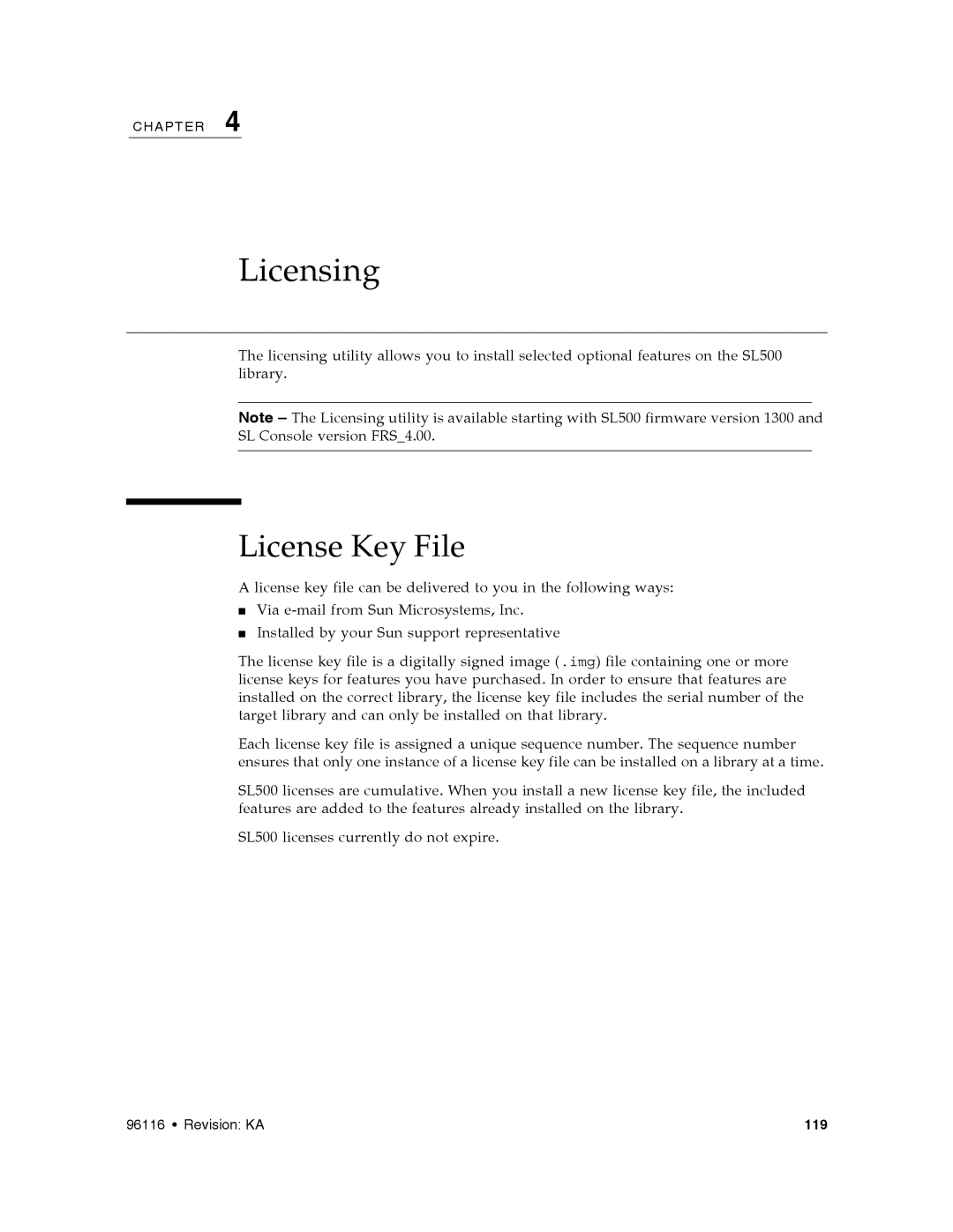 Sun Microsystems SL500 manual Licensing, License Key File 