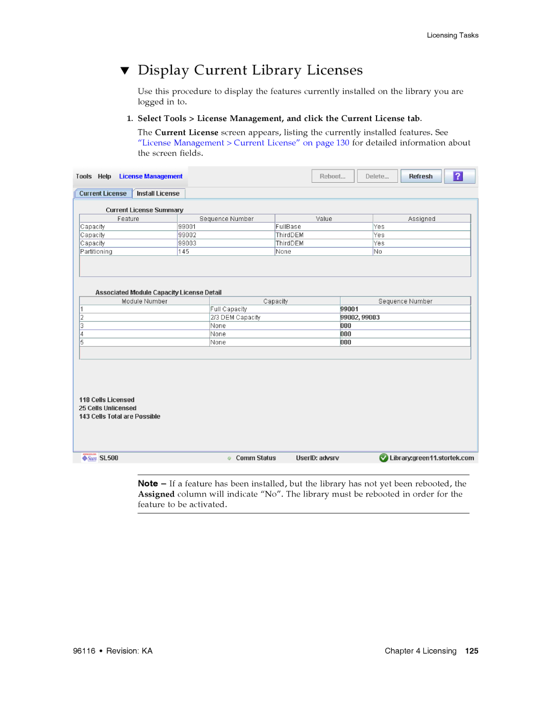 Sun Microsystems SL500 manual Display Current Library Licenses 