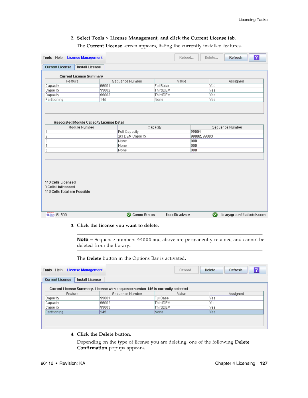 Sun Microsystems SL500 manual Click the Delete button 