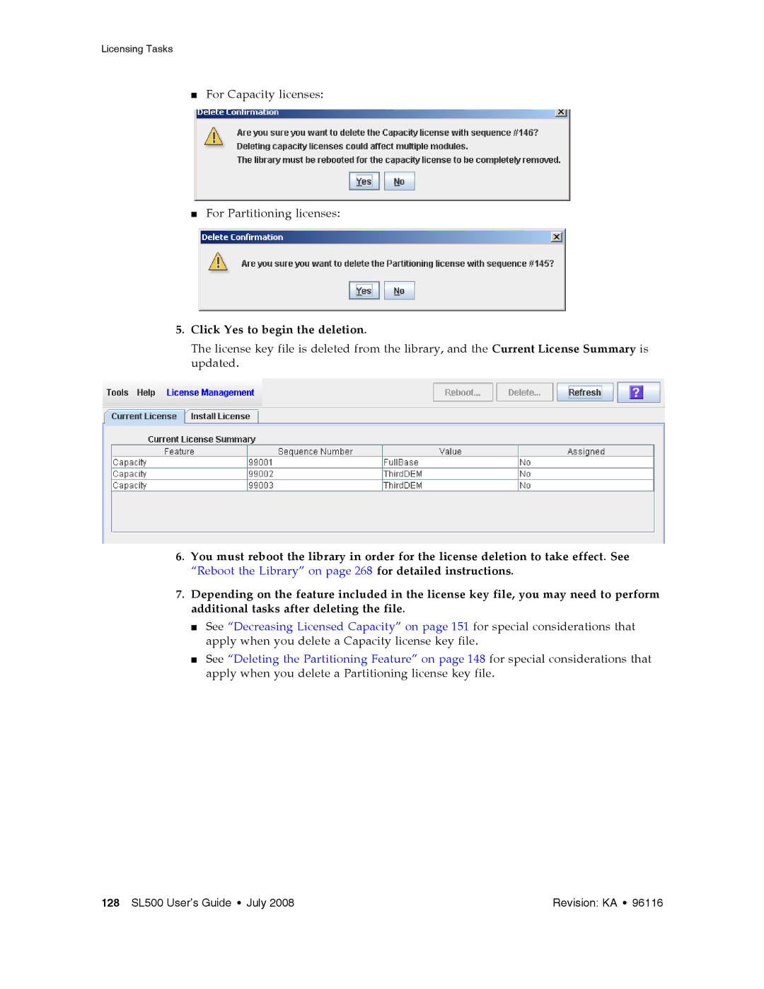 Sun Microsystems SL500 manual Click Yes to begin the deletion 