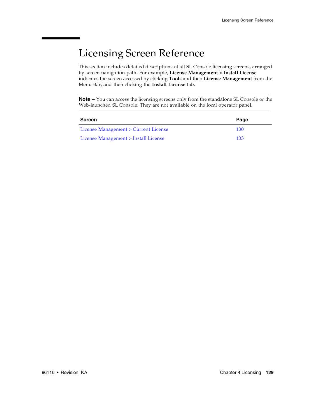 Sun Microsystems SL500 manual Licensing Screen Reference 