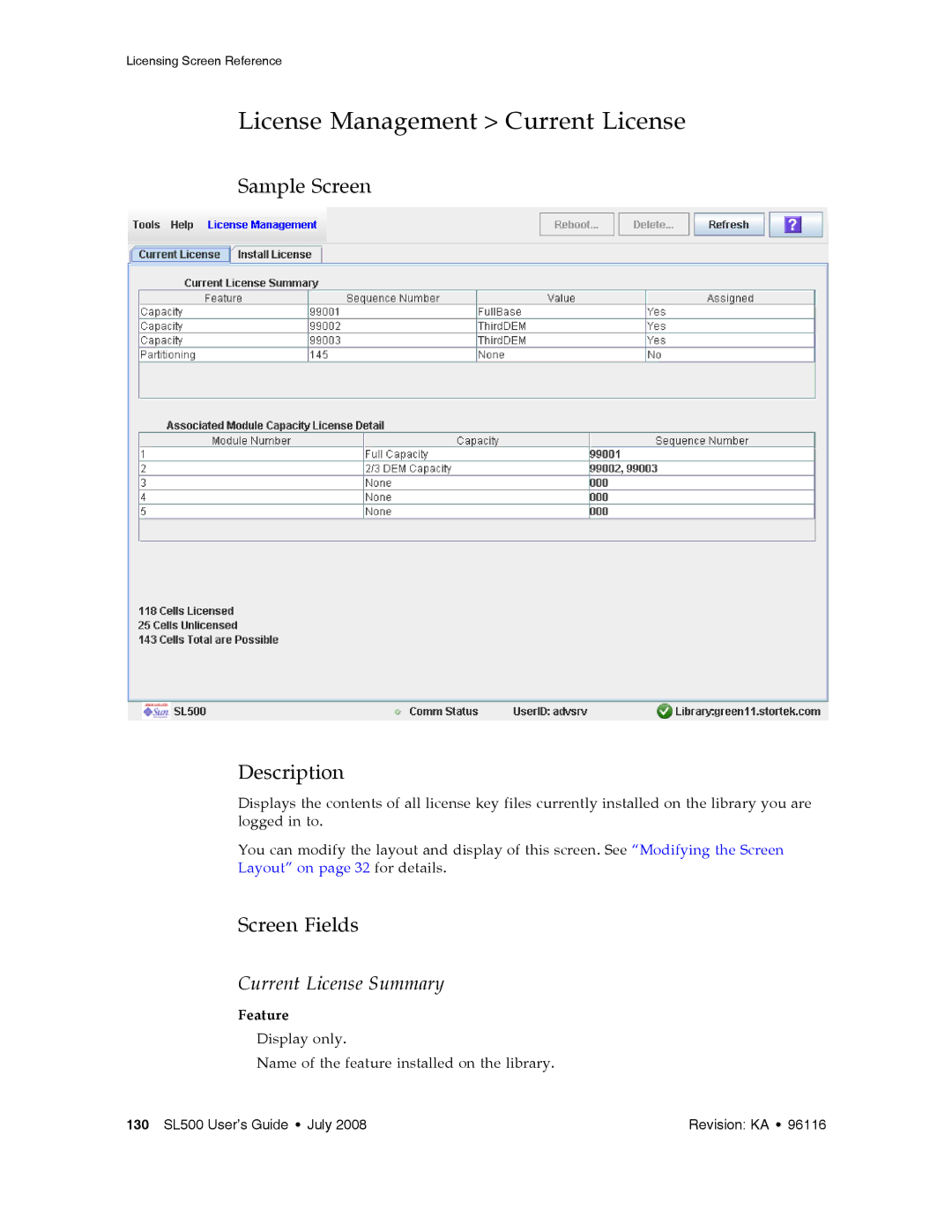 Sun Microsystems SL500 manual License Management Current License, Feature 