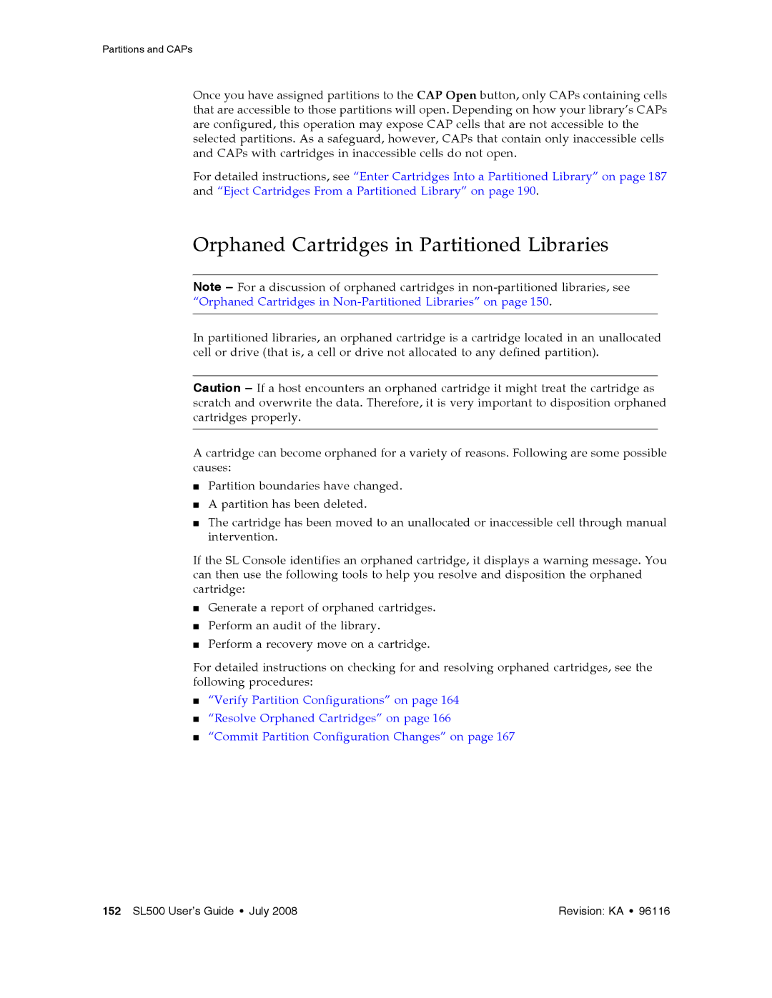 Sun Microsystems SL500 manual Orphaned Cartridges in Partitioned Libraries 