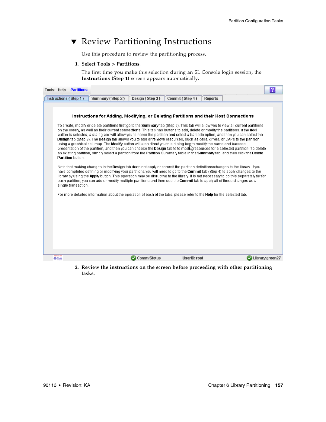 Sun Microsystems SL500 manual Review Partitioning Instructions, Select Tools Partitions 