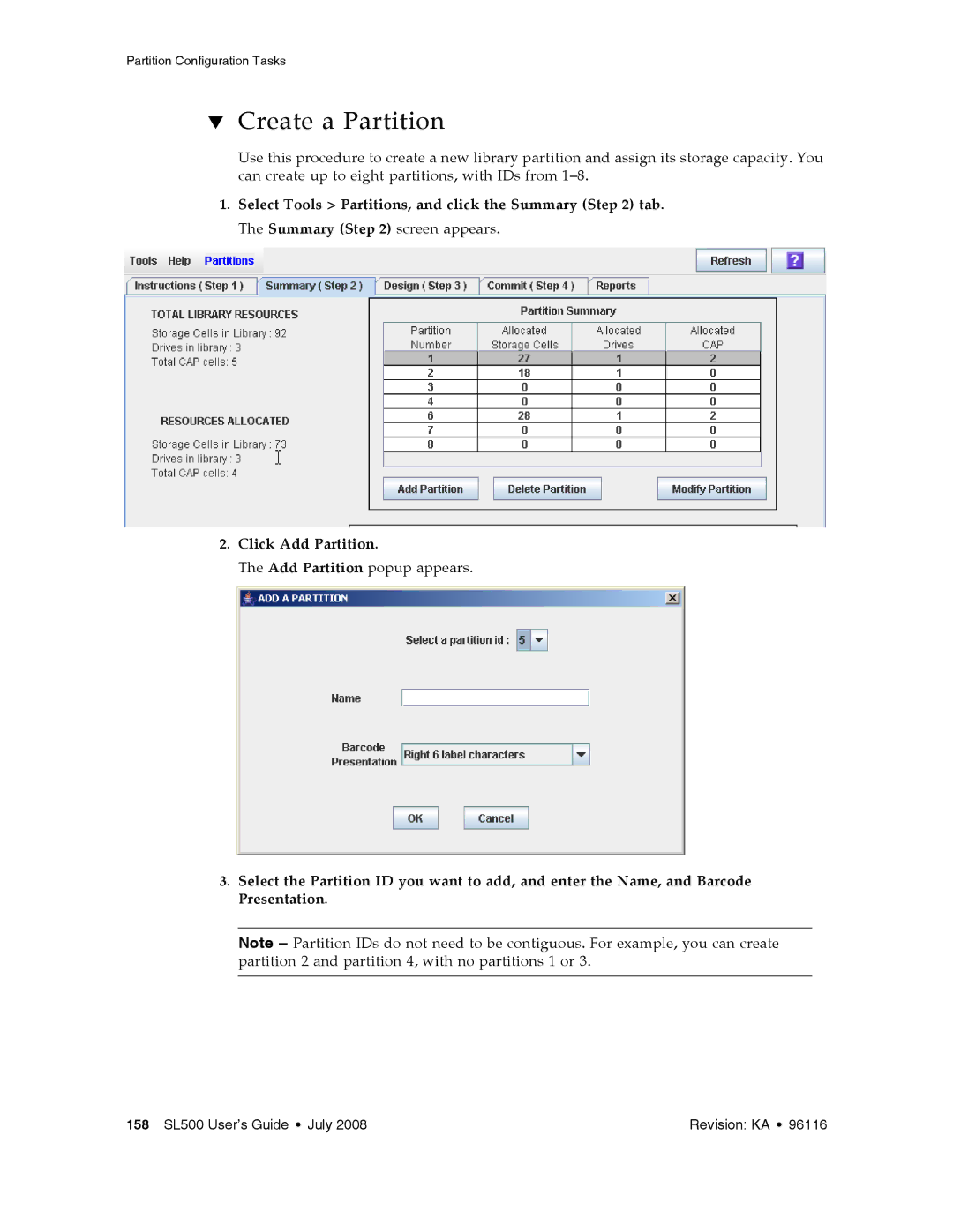 Sun Microsystems SL500 manual Create a Partition 