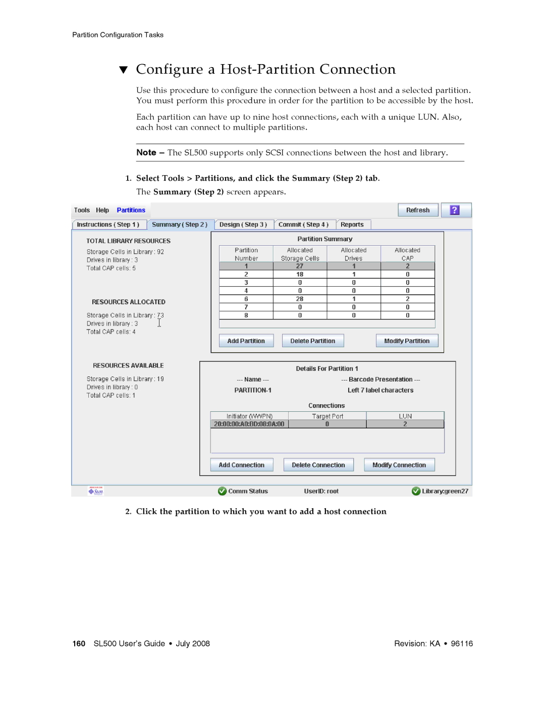 Sun Microsystems SL500 manual Configure a Host-Partition Connection 