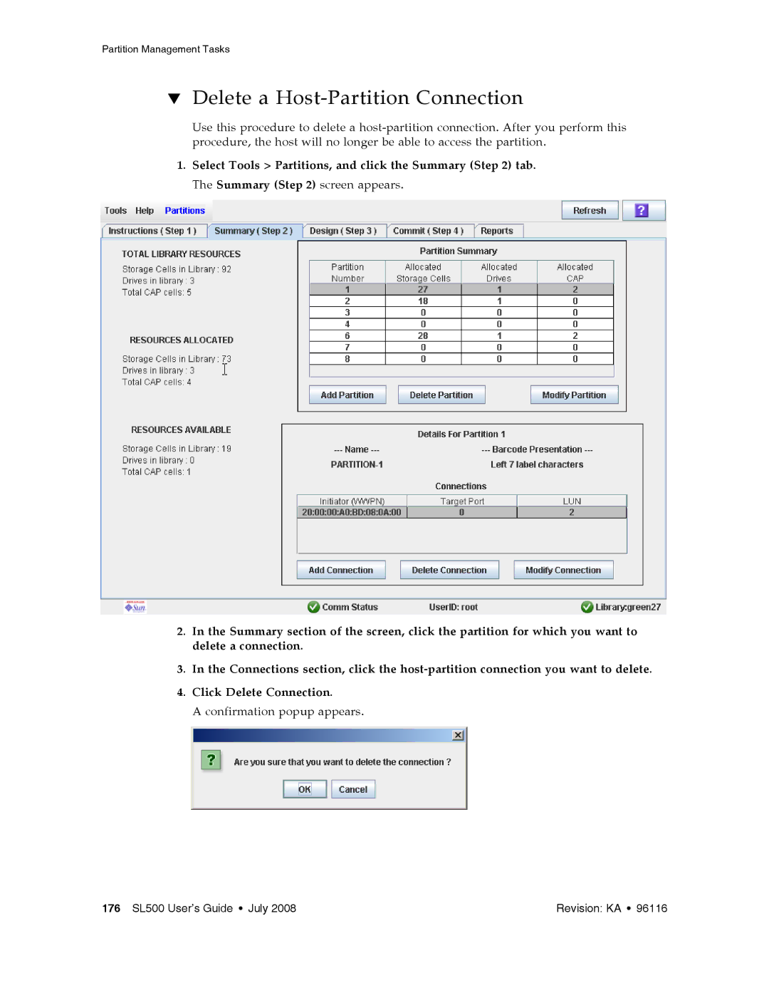 Sun Microsystems SL500 manual Delete a Host-Partition Connection 