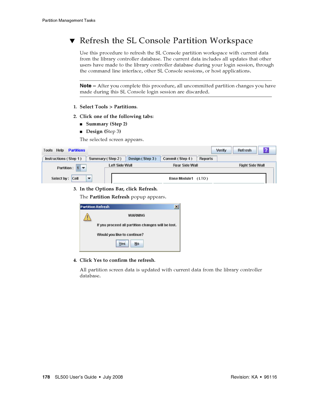 Sun Microsystems SL500 manual Refresh the SL Console Partition Workspace 