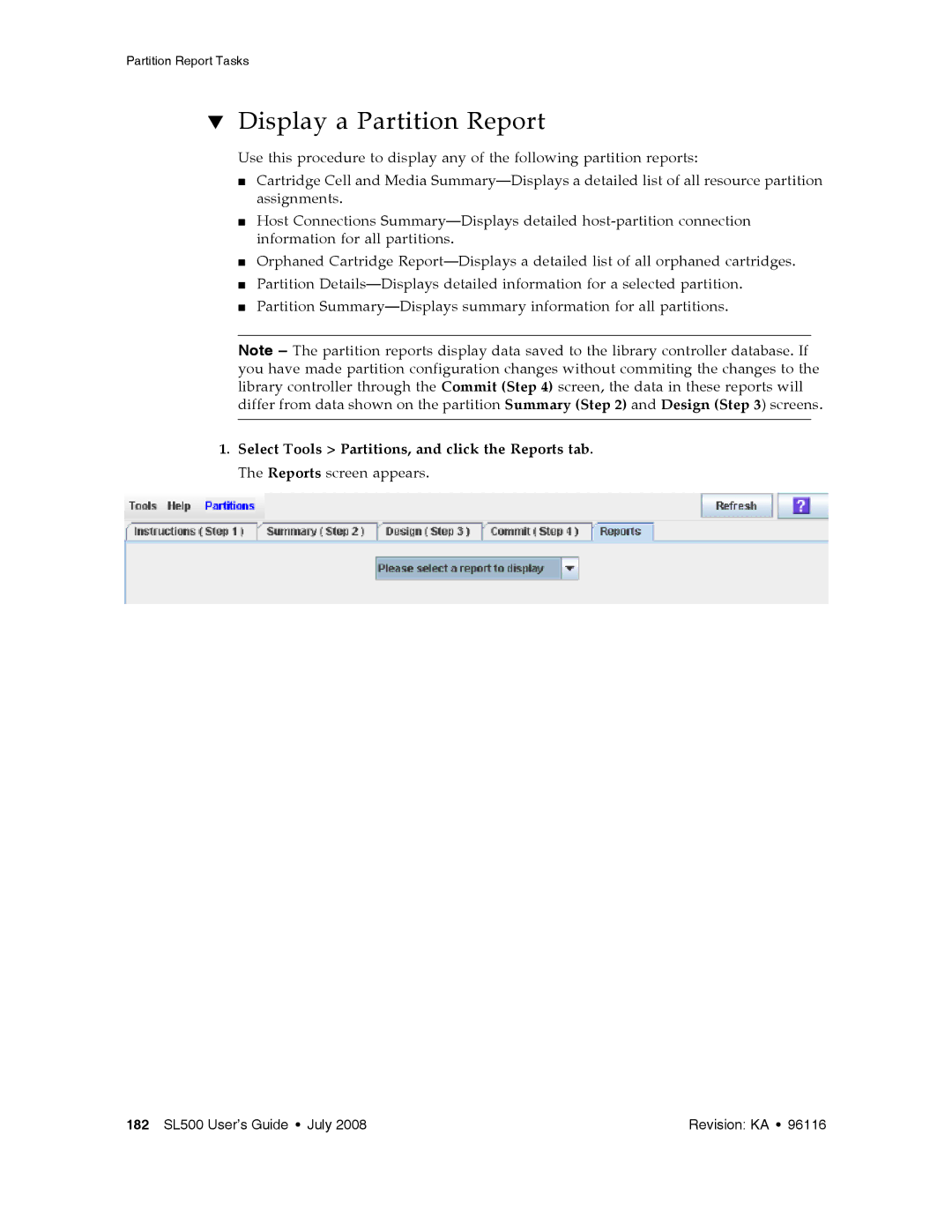 Sun Microsystems SL500 manual Display a Partition Report 