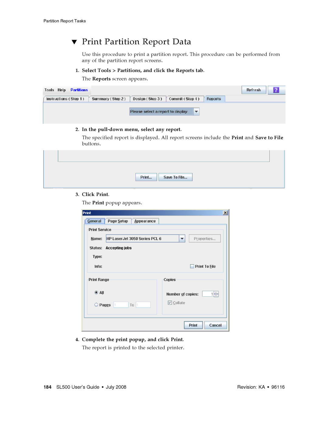 Sun Microsystems SL500 manual Print Partition Report Data, Click Print 