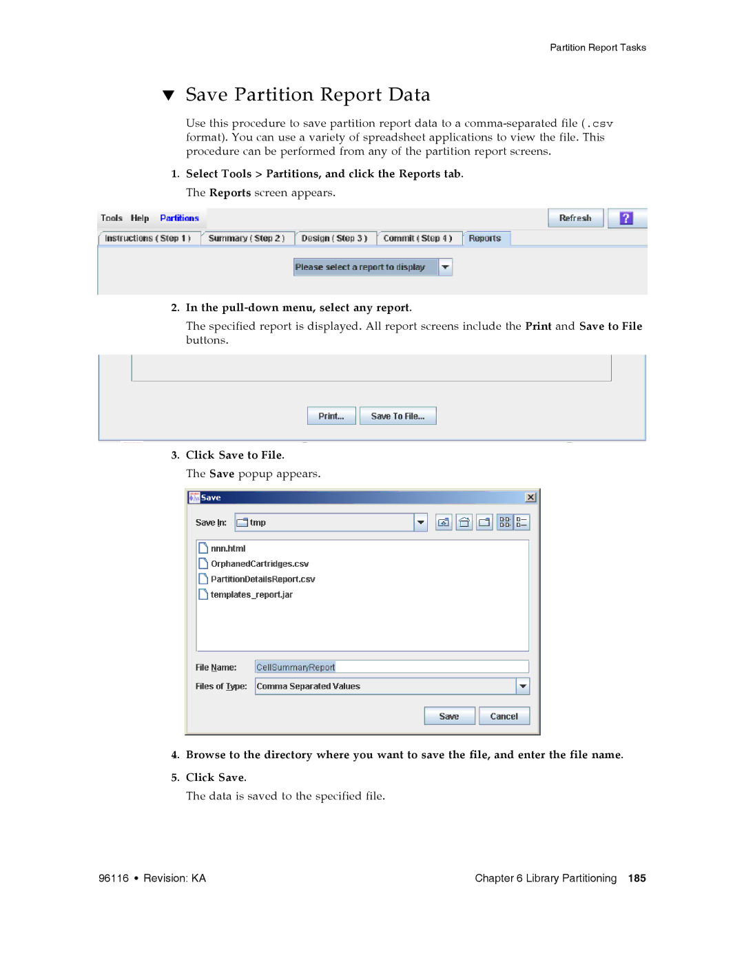 Sun Microsystems SL500 manual Save Partition Report Data, Click Save to File 