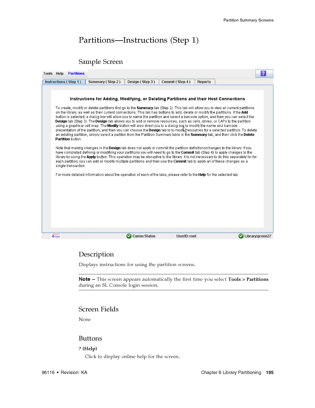 Sun Microsystems SL500 manual Partitions-Instructions Step, ? Help 