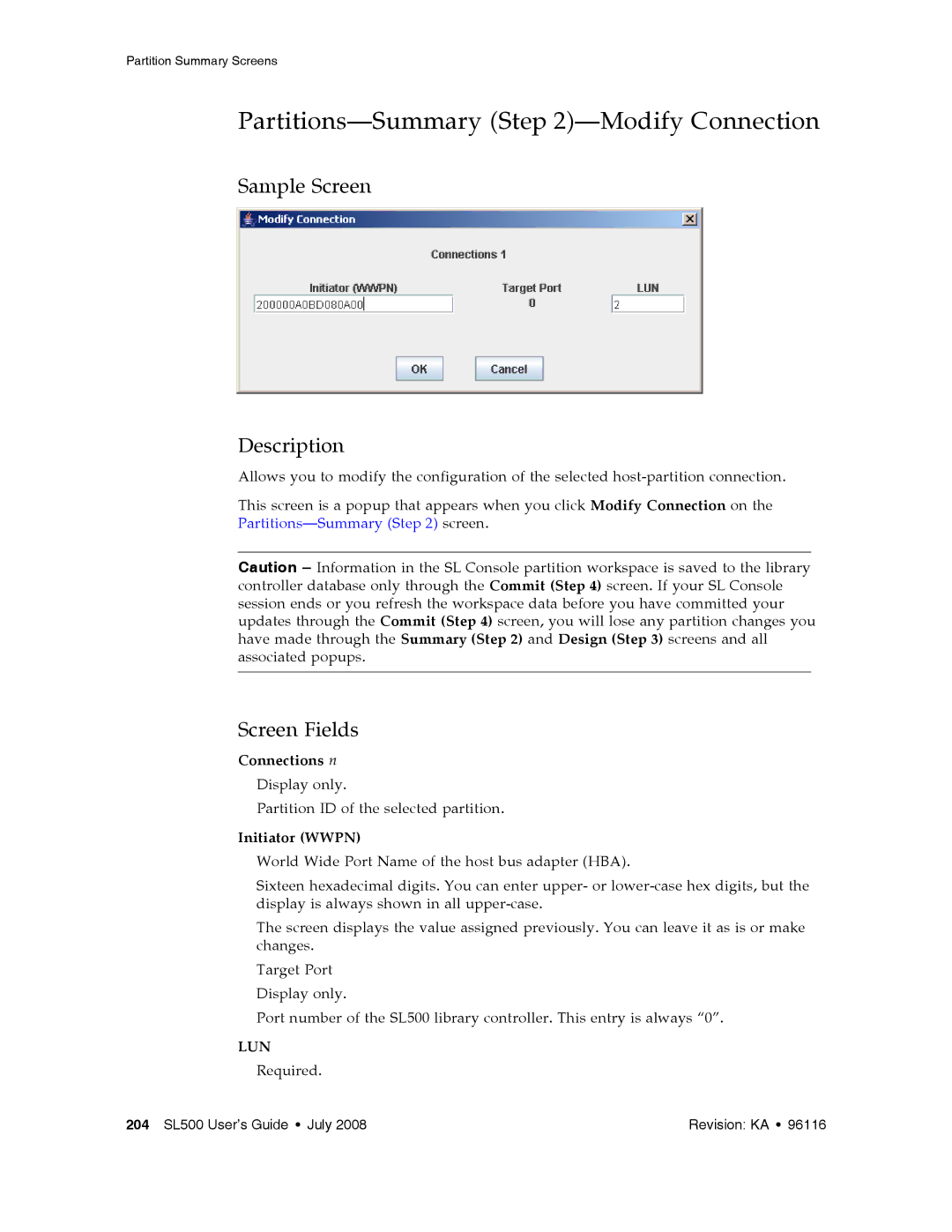 Sun Microsystems SL500 manual Partitions-Summary -Modify Connection, Connections n 