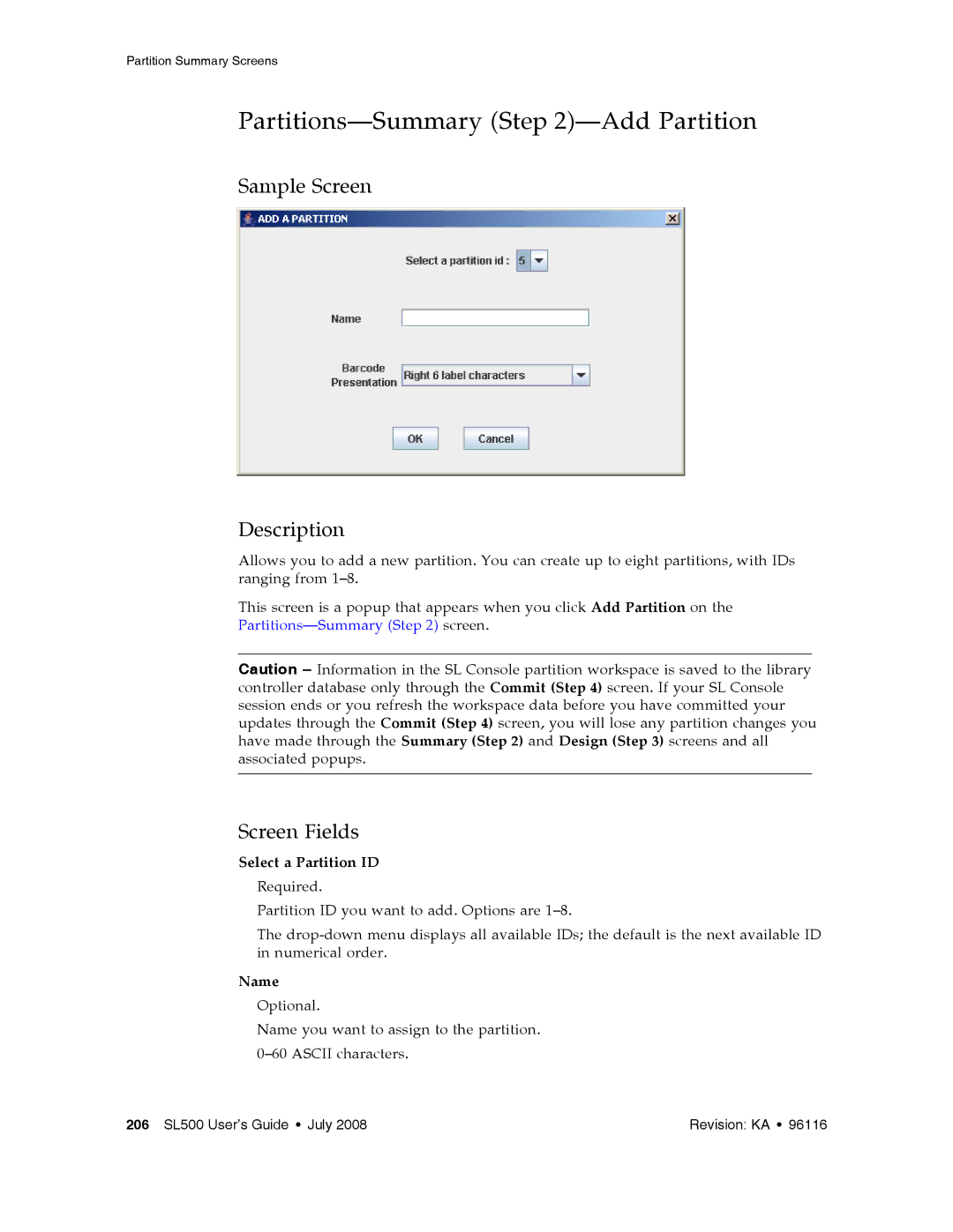 Sun Microsystems SL500 manual Partitions-Summary -Add Partition, Select a Partition ID 